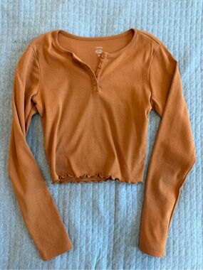 Hanes x Karla Rust Ribbed Long-Sleeve Henley Crop Top